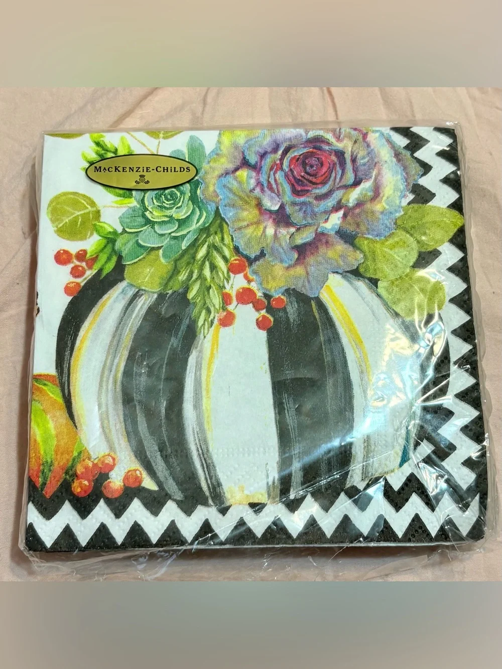 Mackenzie-Childs Black & White Striped Pumpkin Napkins with Floral Accent 18 CT